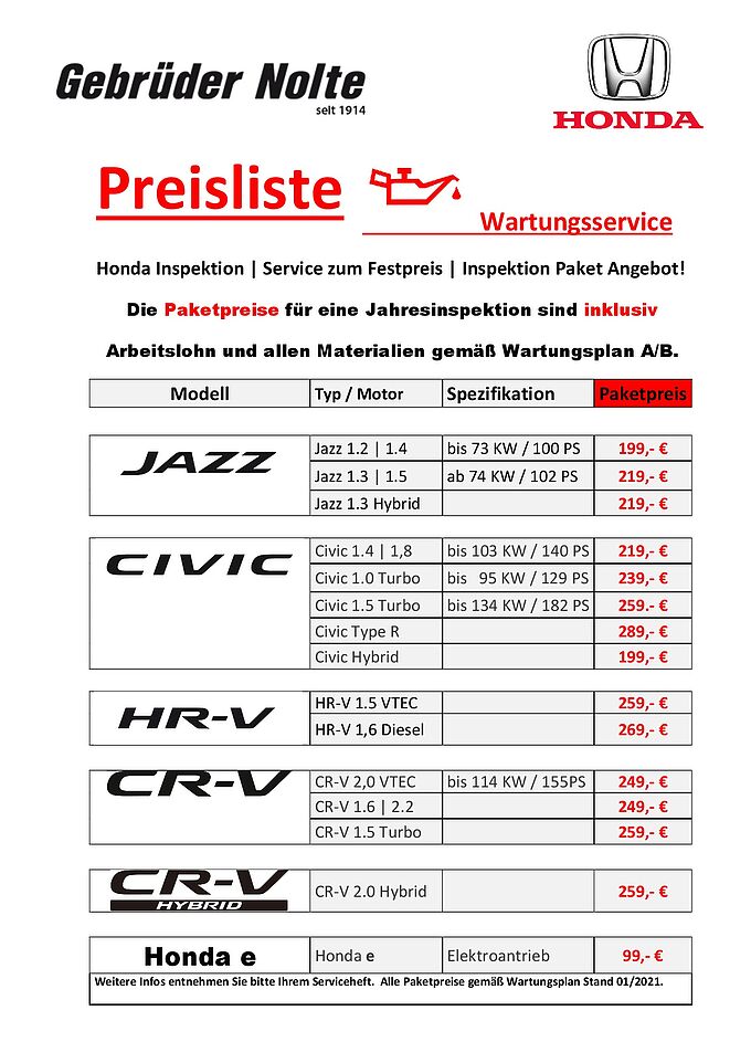 Festpreise für die Inspektion und Wartungsservice Honda Inspektion | Service zum Festpeis | Inspektion Paket Preis Angebot